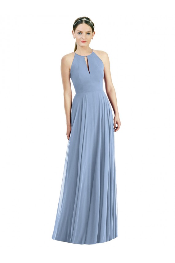 Staubiges Blau A-Linien Neckholder Chiffon Lange Brautjungfernkleider Fabrik