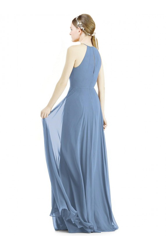 Staubiges Blau A-Linien Neckholder Chiffon Lange Brautjungfernkleider Fabrik