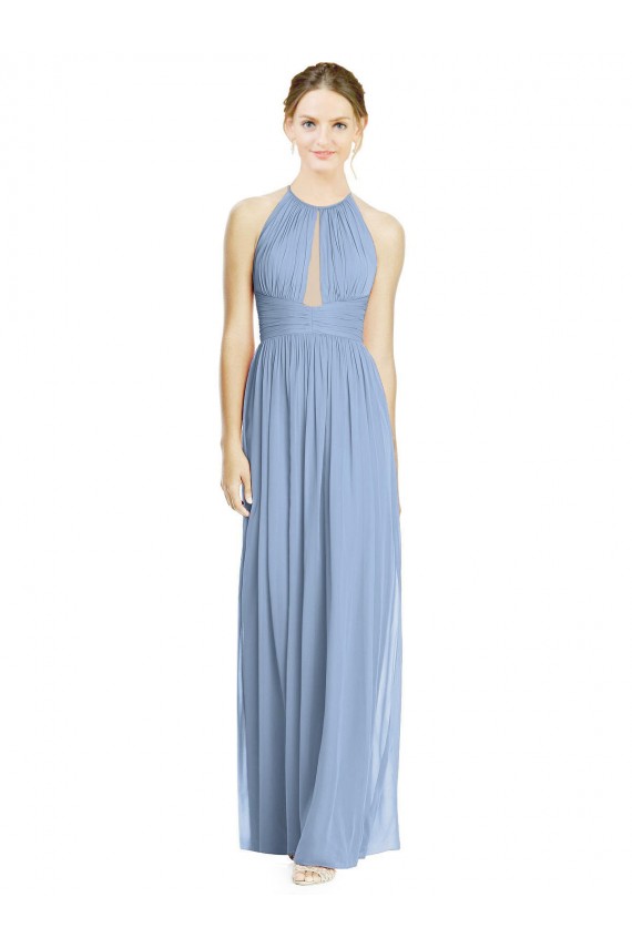 Staubiges Blau A-Linien Neckholder Chiffon Lange Brautjungfernkleider Fabrik