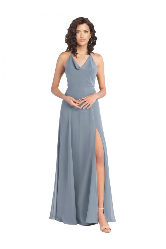 Staubiges Blau A-Linien Neckholder Haube Ausschnitt Chiffon Lange Brautjungfernkleider Fabrik