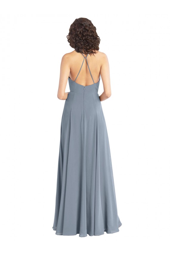 Staubiges Blau A-Linien Neckholder Haube Ausschnitt Chiffon Lange Brautjungfernkleider Fabrik