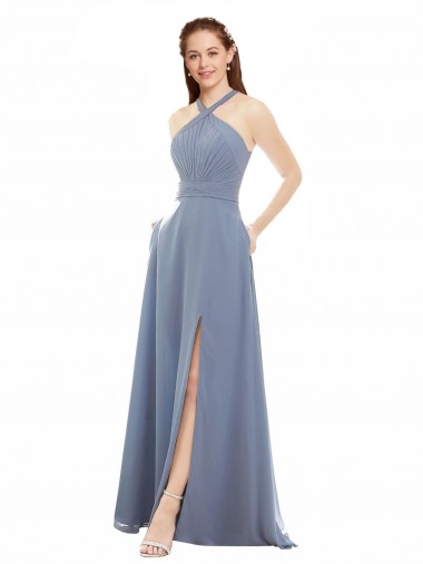 Staubiges Blau A-Linien Neckholder Stehkragen Ausschnitt Chiffon Lange Brautjungfernkleider Fabrik