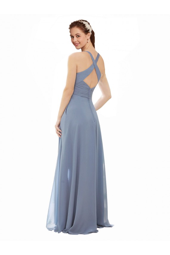 Staubiges Blau A-Linien Neckholder Stehkragen Ausschnitt Chiffon Lange Brautjungfernkleider Fabrik