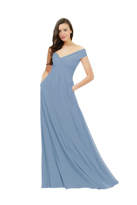 Staubiges Blau A-Linien Off-Schulter Chiffon Lange Brautjungfernkleider Fabrik