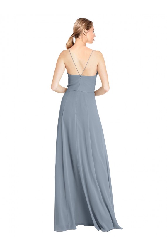 Staubiges Blau A-Linien Off-Schulter Spaghetti-Träger Chiffon Lange Brautjungfernkleider Fabrik