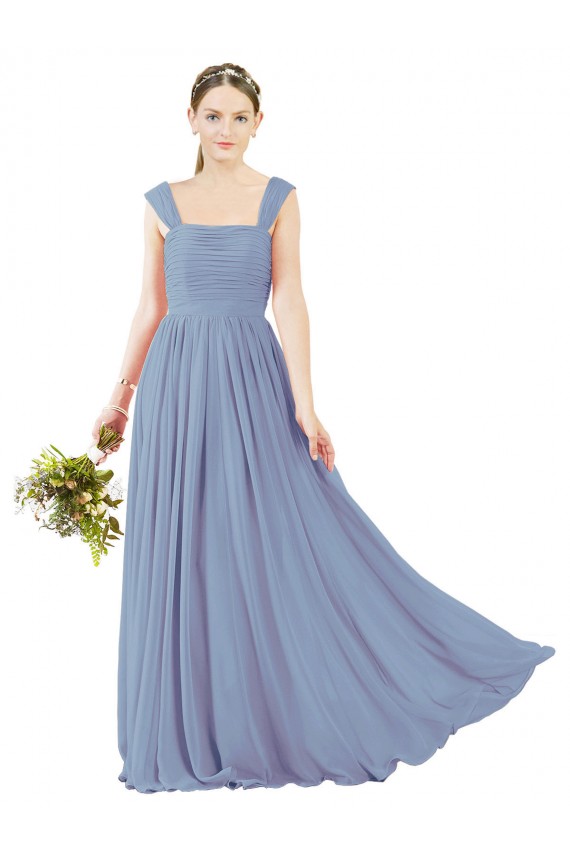 Staubiges Blau A-Linien Quadrat Ausschnitt Chiffon Lange Brautjungfernkleider Fabrik