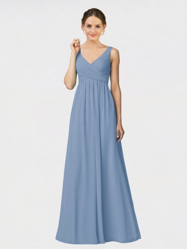 Staubiges Blau A-Linien Spaghetti-Träger Chiffon Lange Brautjungfernkleider Fabrik