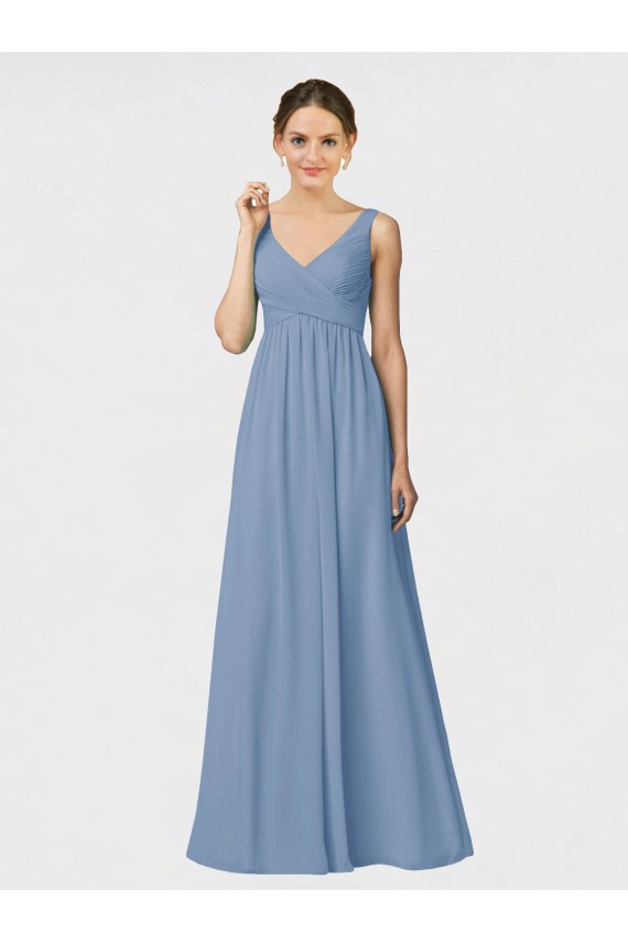 Staubiges Blau A-Linien Spaghetti-Träger Chiffon Lange Brautjungfernkleider Fabrik