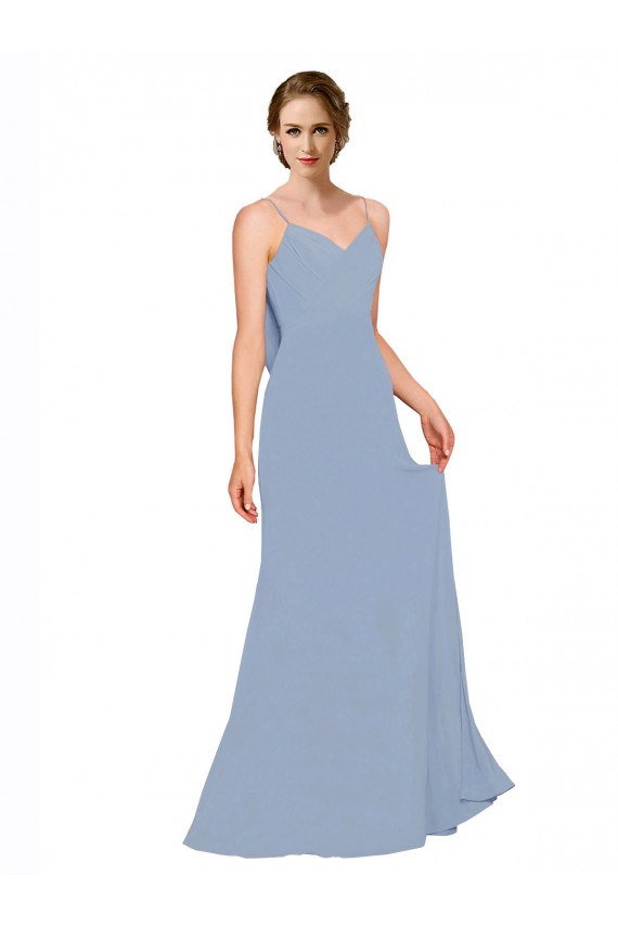 Staubiges Blau A-Linien Spaghetti-Träger Chiffon Lange Brautjungfernkleider Fabrik