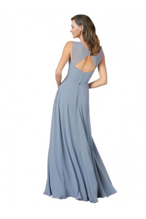Staubiges Blau A-Linien Spaghetti-Träger V-Ausschnitt Chiffon Lange Brautjungfernkleider Fabrik