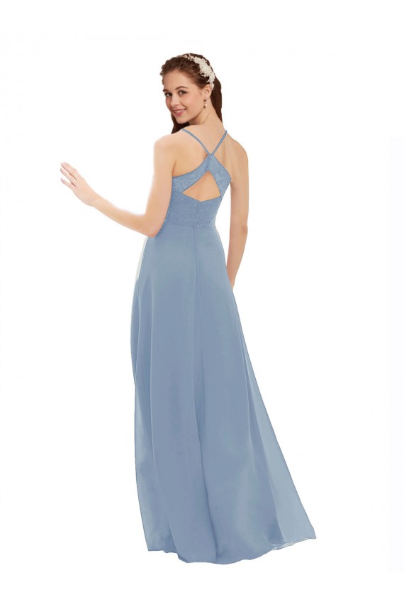 Staubiges Blau A-Linien Spaghetti-Träger V-Ausschnitt Chiffon Spitze Lange Brautjungfernkleider Fabrik