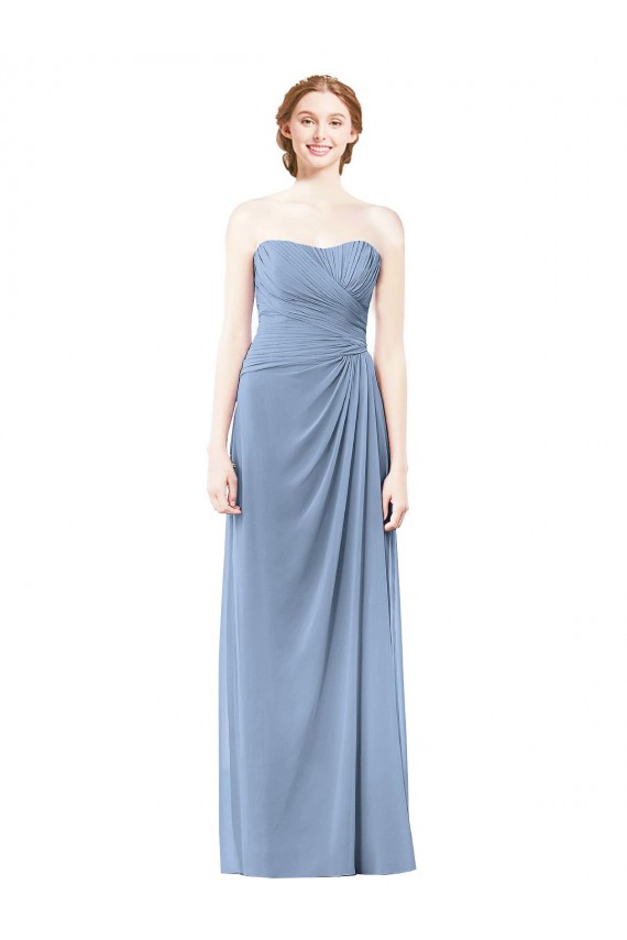 Staubiges Blau A-Linien Trägerlos Chiffon Lange Brautjungfernkleider Fabrik