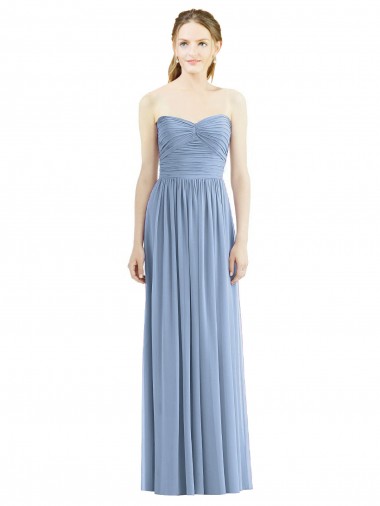 Staubiges Blau A-Linien Trägerlos Chiffon Lange Brautjungfernkleider Fabrik
