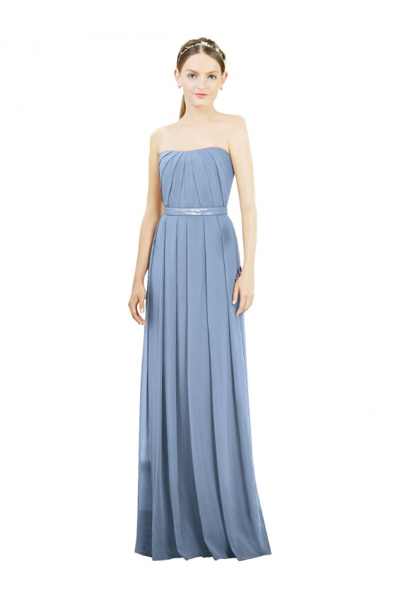 Staubiges Blau A-Linien Trägerlos Chiffon Lange Brautjungfernkleider Fabrik