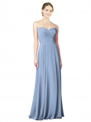 Staubiges Blau A-Linien Trägerlos Chiffon Lange Brautjungfernkleider Fabrik