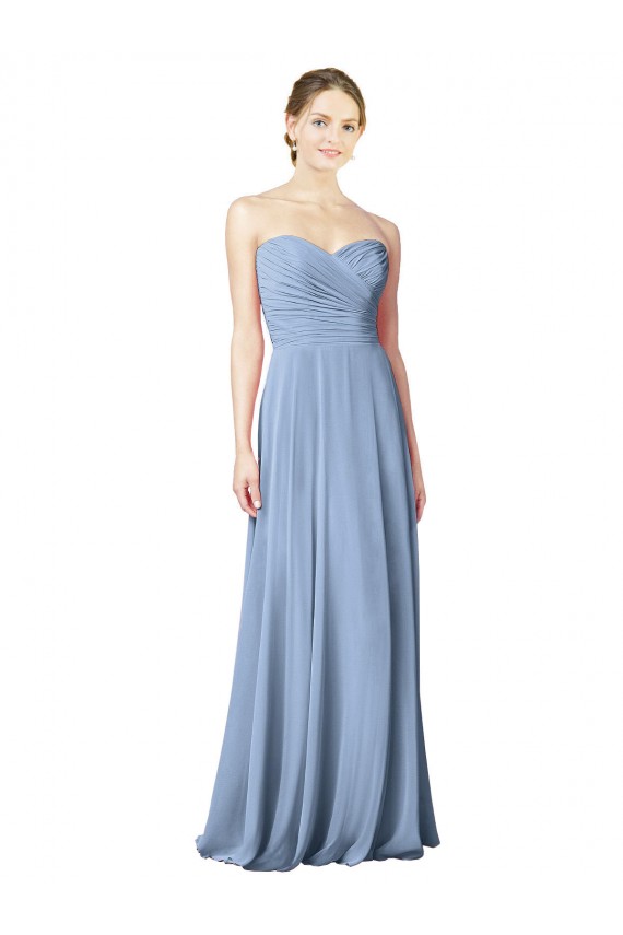 Staubiges Blau A-Linien Trägerlos Chiffon Lange Brautjungfernkleider Fabrik