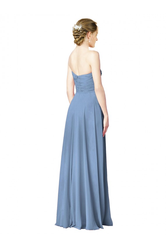 Staubiges Blau A-Linien Trägerlos Chiffon Lange Brautjungfernkleider Fabrik