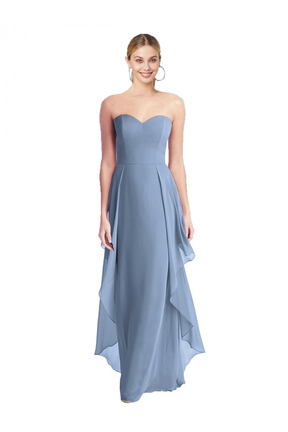 Staubiges Blau A-Linien Trägerlos Chiffon Lange Brautjungfernkleider Fabrik