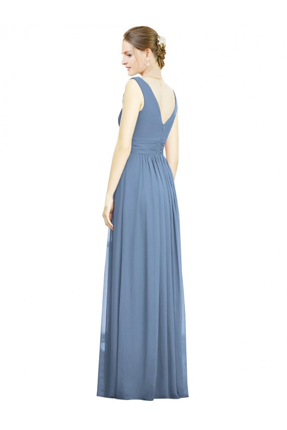 Staubiges Blau A-Linien V-Ausschnitt Chiffon Lange Brautjungfernkleider Fabrik