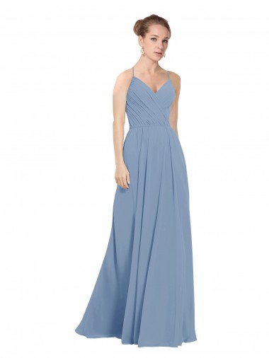 Staubiges Blau A-Linien V-Ausschnitt Chiffon Lange Brautjungfernkleider Fabrik