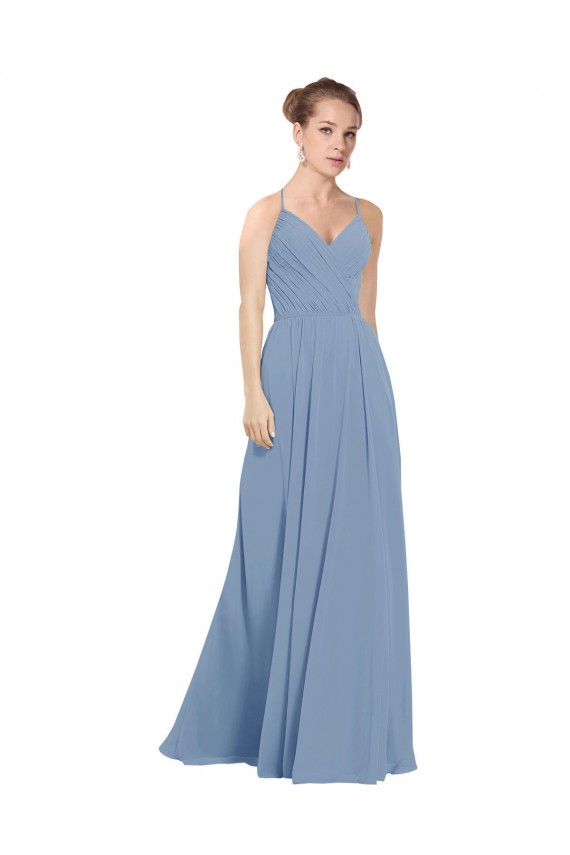 Staubiges Blau A-Linien V-Ausschnitt Chiffon Lange Brautjungfernkleider Fabrik