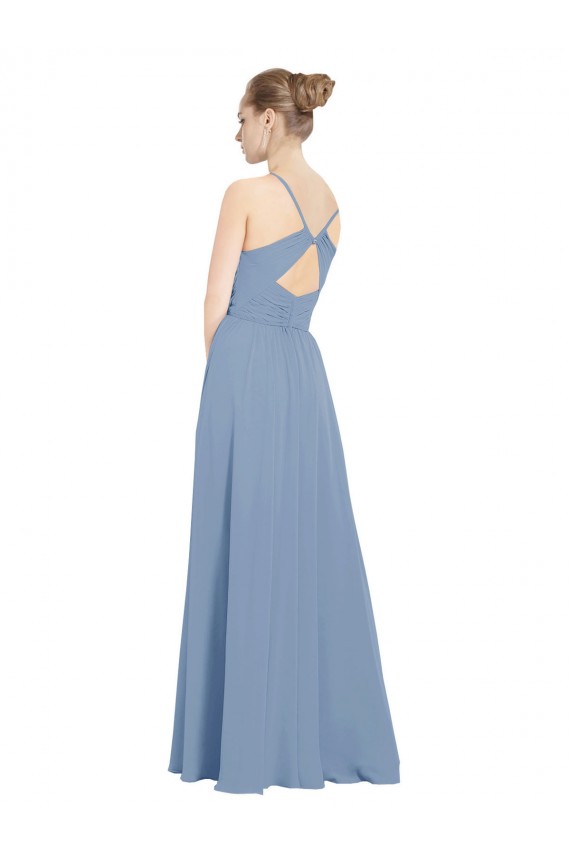 Staubiges Blau A-Linien V-Ausschnitt Chiffon Lange Brautjungfernkleider Fabrik