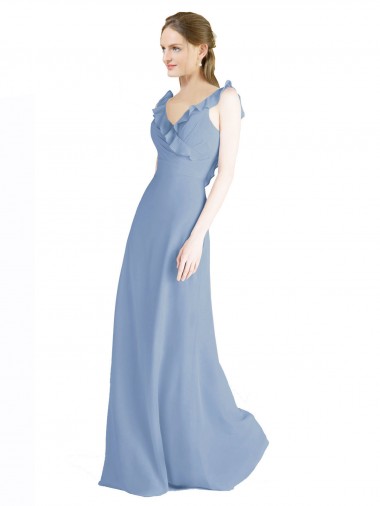 Staubiges Blau A-Linien V-Ausschnitt Chiffon Lange Brautjungfernkleider Fabrik