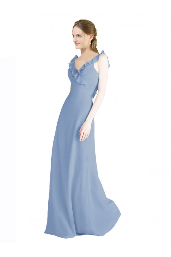 Staubiges Blau A-Linien V-Ausschnitt Chiffon Lange Brautjungfernkleider Fabrik
