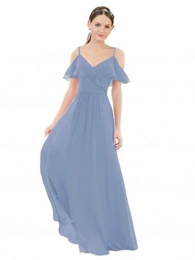 Staubiges Blau A-Linien V-Ausschnitt Chiffon Lange Brautjungfernkleider Fabrik