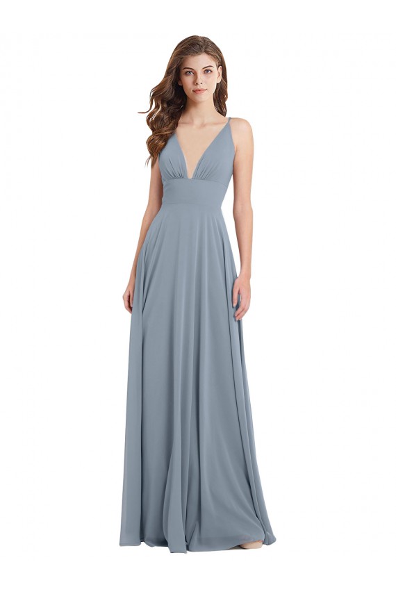 Staubiges Blau A-Linien V-Ausschnitt Chiffon Lange Brautjungfernkleider Fabrik