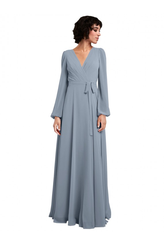 Staubiges Blau A-Linien V-Ausschnitt Chiffon Lange Brautjungfernkleider Fabrik