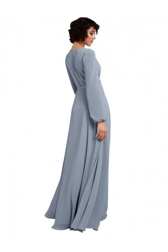Staubiges Blau A-Linien V-Ausschnitt Chiffon Lange Brautjungfernkleider Fabrik