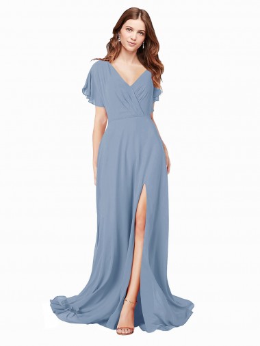 Staubiges Blau A-Linien V-Ausschnitt Chiffon Lange Brautjungfernkleider / Abiballkleider Fabrik