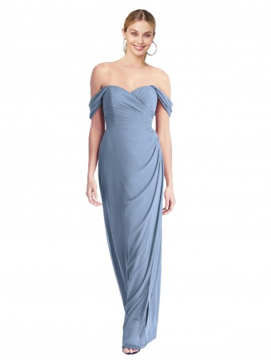 Staubiges Blau Meerjungfrau Off-Schulter Chiffon Lange Brautjungfernkleider Fabrik