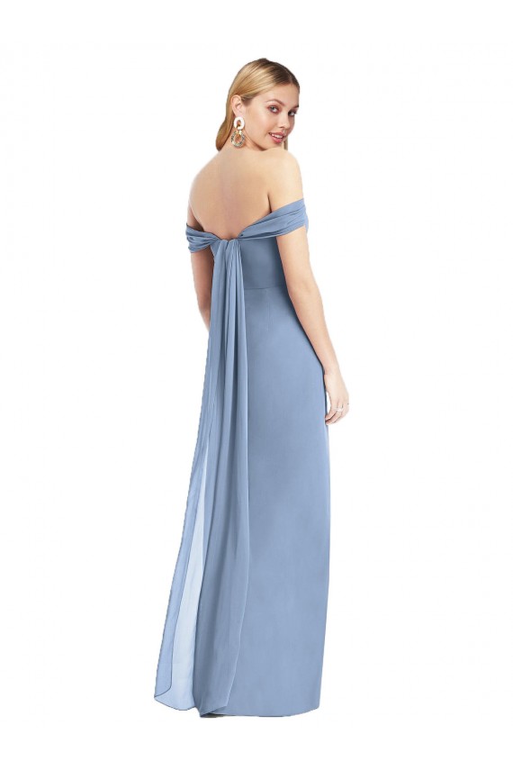 Staubiges Blau Meerjungfrau Off-Schulter Chiffon Lange Brautjungfernkleider Fabrik