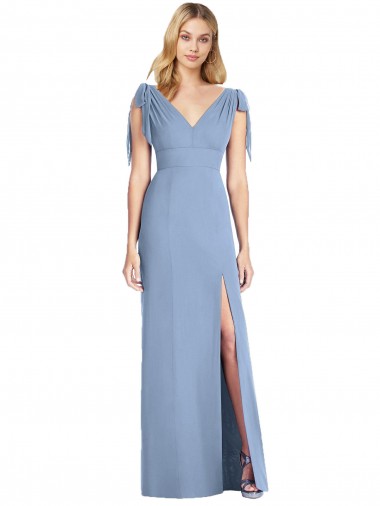 Staubiges Blau Meerjungfrau V-Ausschnitt Chiffon Lange Brautjungfernkleider Fabrik