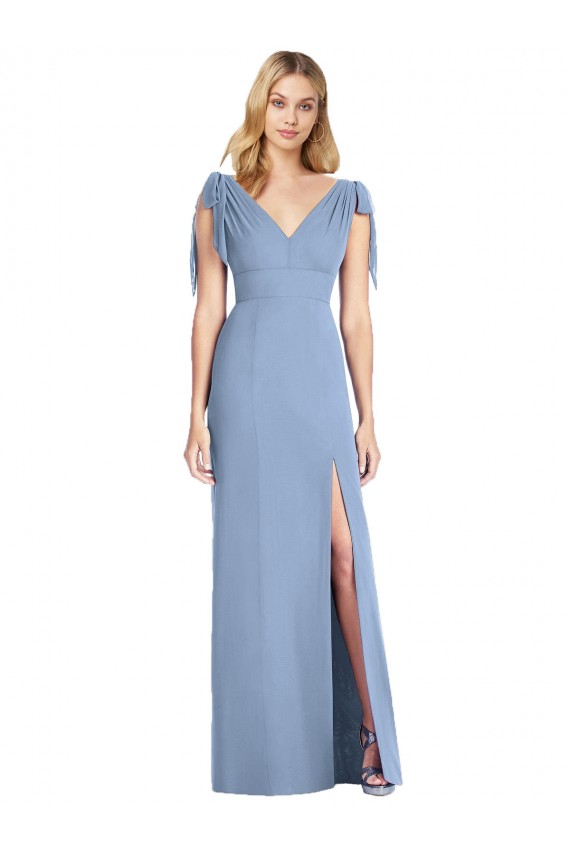Staubiges Blau Meerjungfrau V-Ausschnitt Chiffon Lange Brautjungfernkleider Fabrik