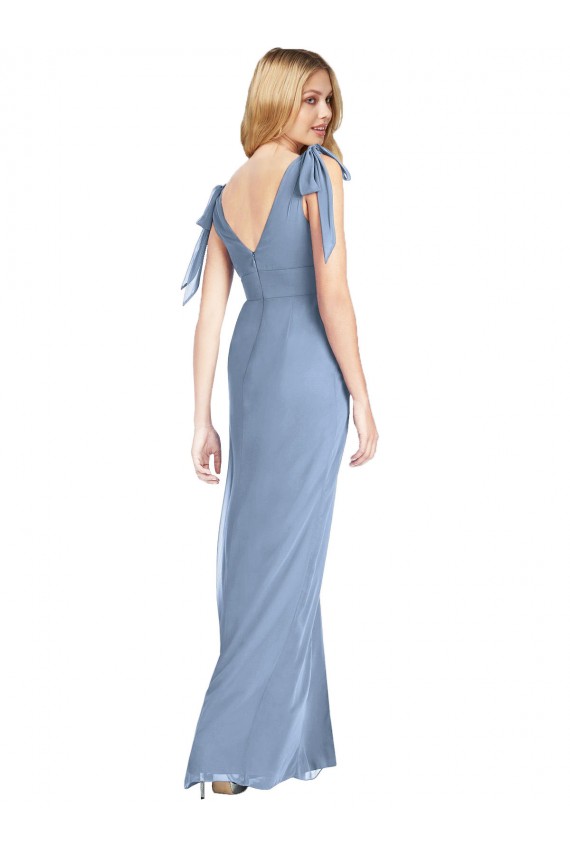 Staubiges Blau Meerjungfrau V-Ausschnitt Chiffon Lange Brautjungfernkleider Fabrik