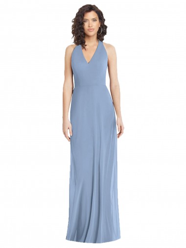 Staubiges Blau Trompete Neckholder V-Ausschnitt Chiffon Lange Formale Brautjungfernkleider / Abendkleider Fabrik