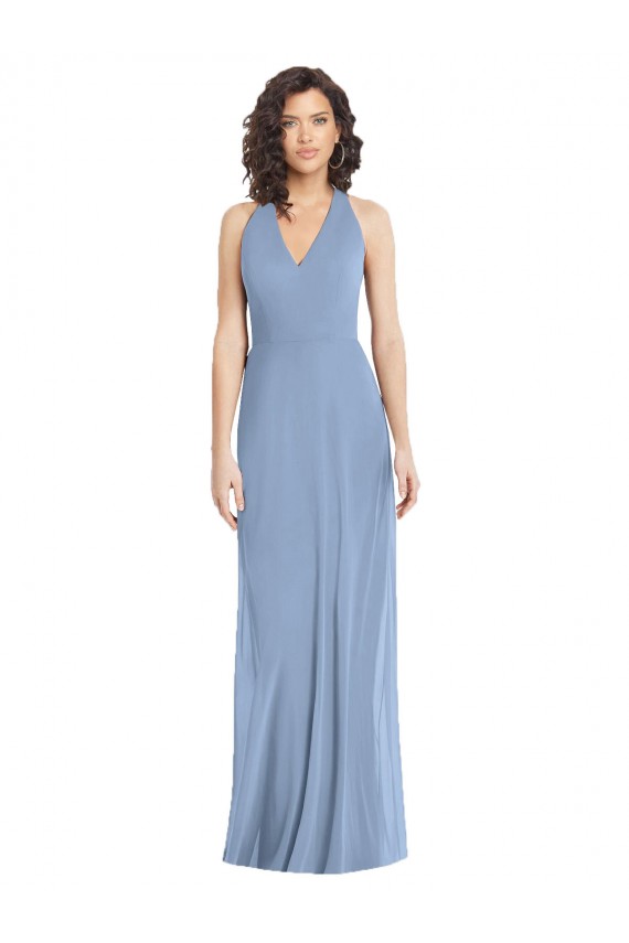 Staubiges Blau Trompete Neckholder V-Ausschnitt Chiffon Lange Formale Brautjungfernkleider / Abendkleider Fabrik