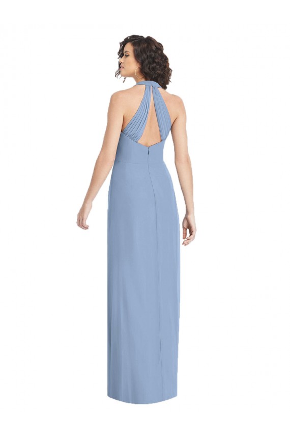 Staubiges Blau Trompete Neckholder V-Ausschnitt Chiffon Lange Formale Brautjungfernkleider / Abendkleider Fabrik