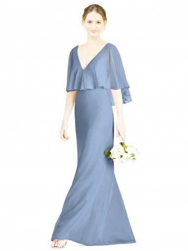Staubiges Blau Trompete V-Ausschnitt Chiffon Lange Brautjungfernkleider Fabrik