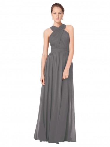 Stormy Silver A-Linien Neckholder Chiffon Lange Brautjungfernkleider Fabrik