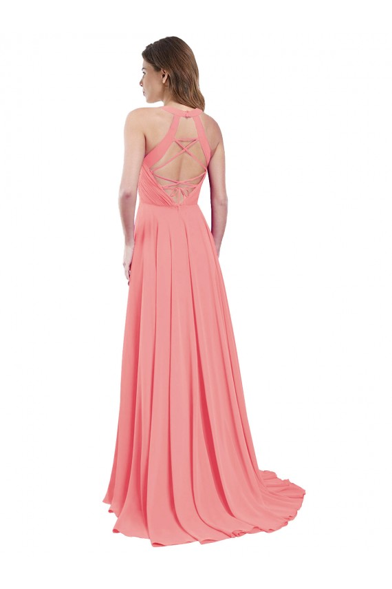 Wassermelone A-Linien Neckholder Chiffon Lange Brautjungfernkleider Fabrik