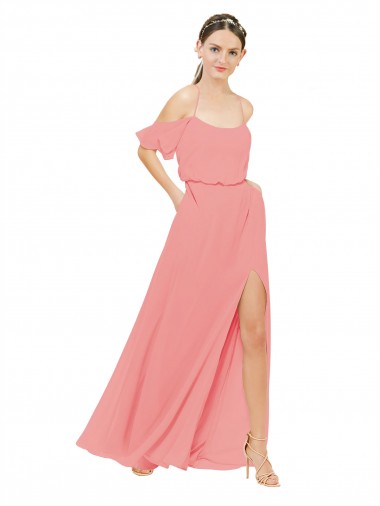 Wassermelone A-Linien Off-Schulter Chiffon Lange Brautjungfernkleider Fabrik