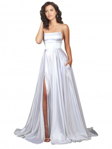 Weiß A-Linien Spaghetti-Träger Stretch-Satin Einfache Strand Brautkleider Fabrik