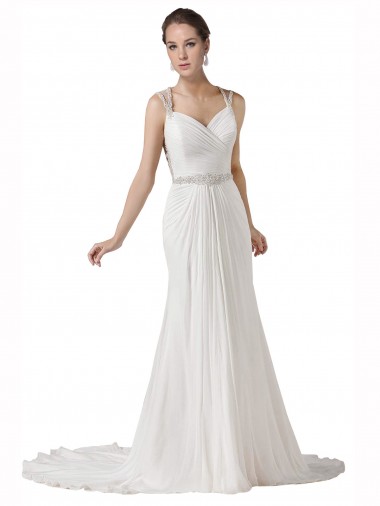 Weiß Etui Kapelle-schleppe Chiffon Strand Brautkleider Fabrik