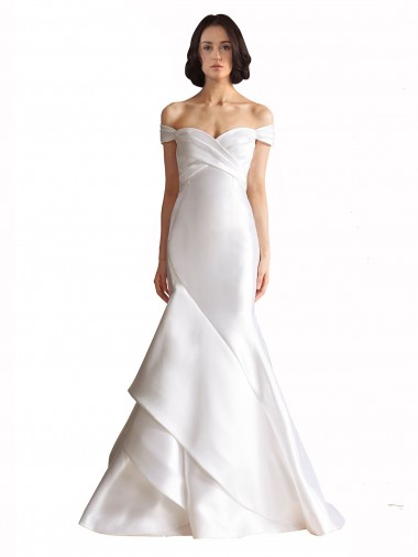 Weiß Meerjungfrau Off-Schulter Kapelle-schleppe Satin Strand Brautkleider Fabrik