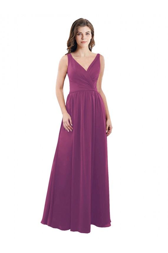 Wilde Beere A-Linien V-Ausschnitt Chiffon Lange Brautjungfernkleider Fabrik