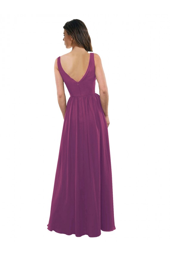 Wilde Beere A-Linien V-Ausschnitt Chiffon Lange Brautjungfernkleider Fabrik